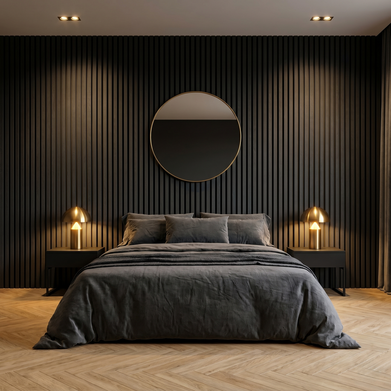 Moody black wood slat feature wall in luxury bedroom
