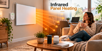 Infrared panel heating in a modern living room with a wall-mounted heater, thermostat, and Alexa and Google smart speakers.