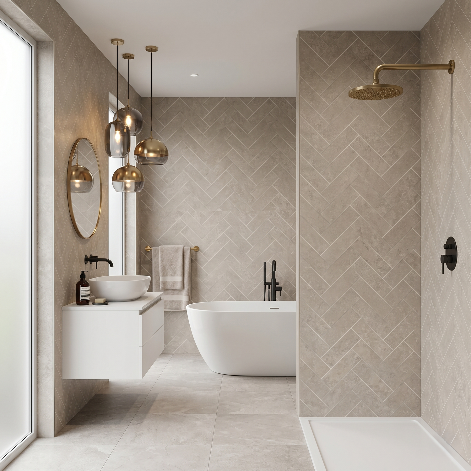 Boutique hotel bathroom with herringbone PVC panels
