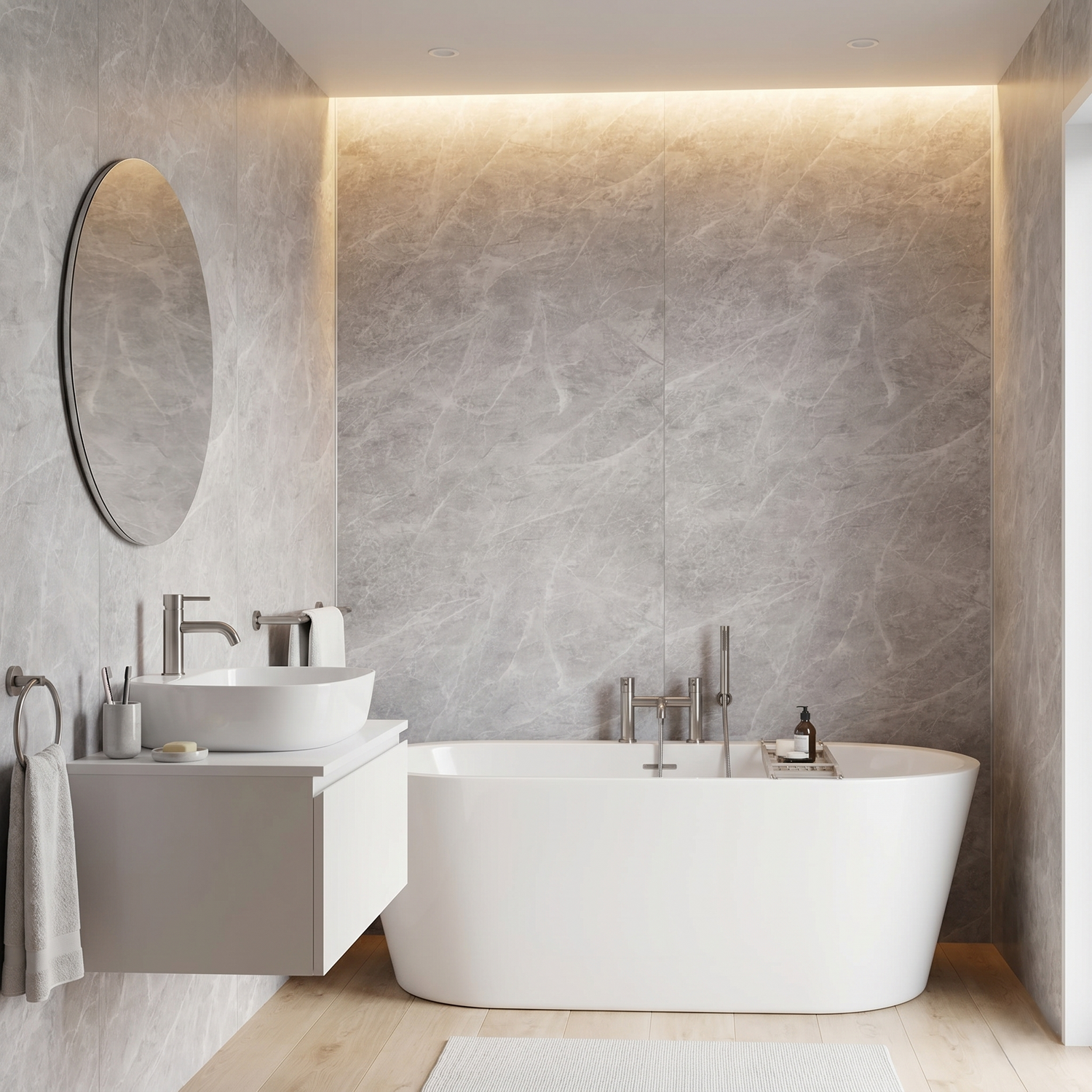 Full bathroom PVC panel makeover with Carrara marble grey