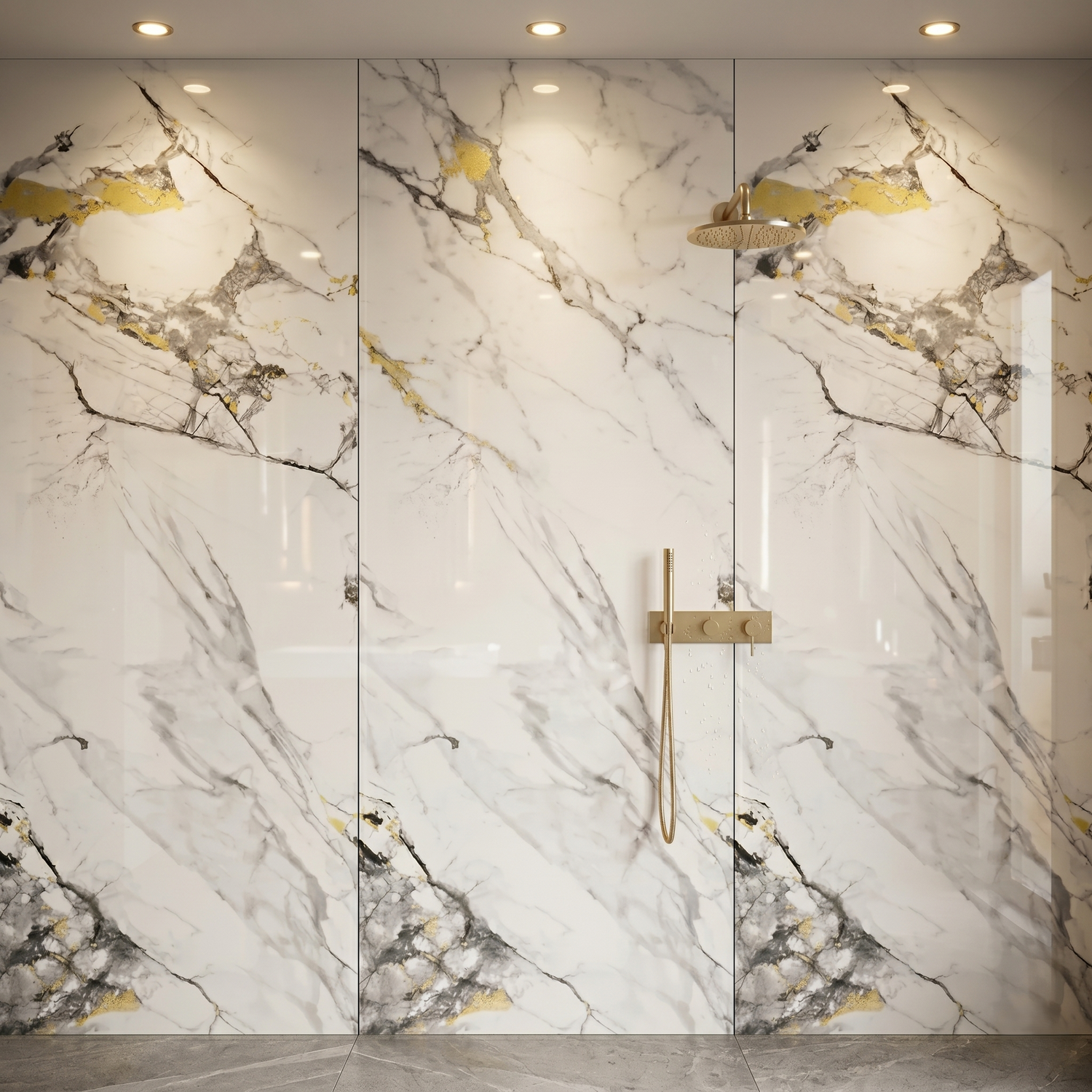 Luxury spa bathroom with golden veined marble SPC panels