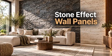 Stone effect wall panels in a modern living room featuring a dark stacked-stone feature wall and light beige stone panels.