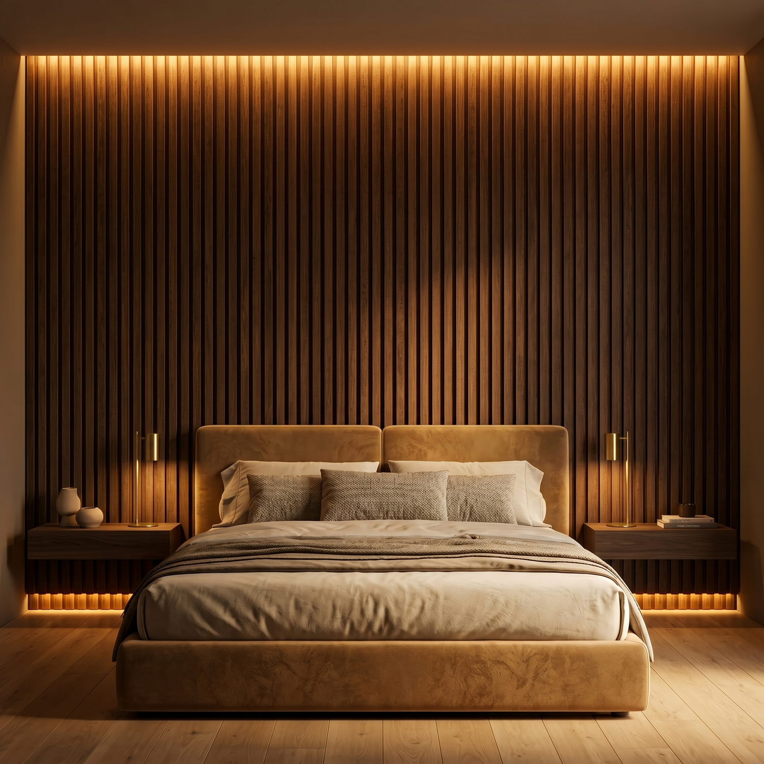 Dark brown linear acoustic panels with LED backlight in bedroom