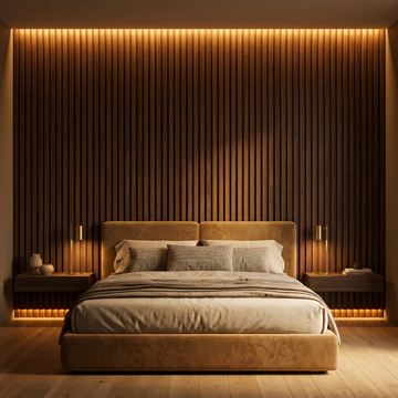 LED-Backlit Acoustic Accent Wall — Bedroom