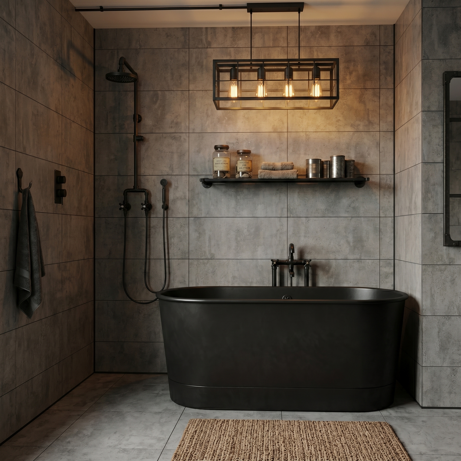 Modern concrete look bathroom with industrial Japandi style PVC panels