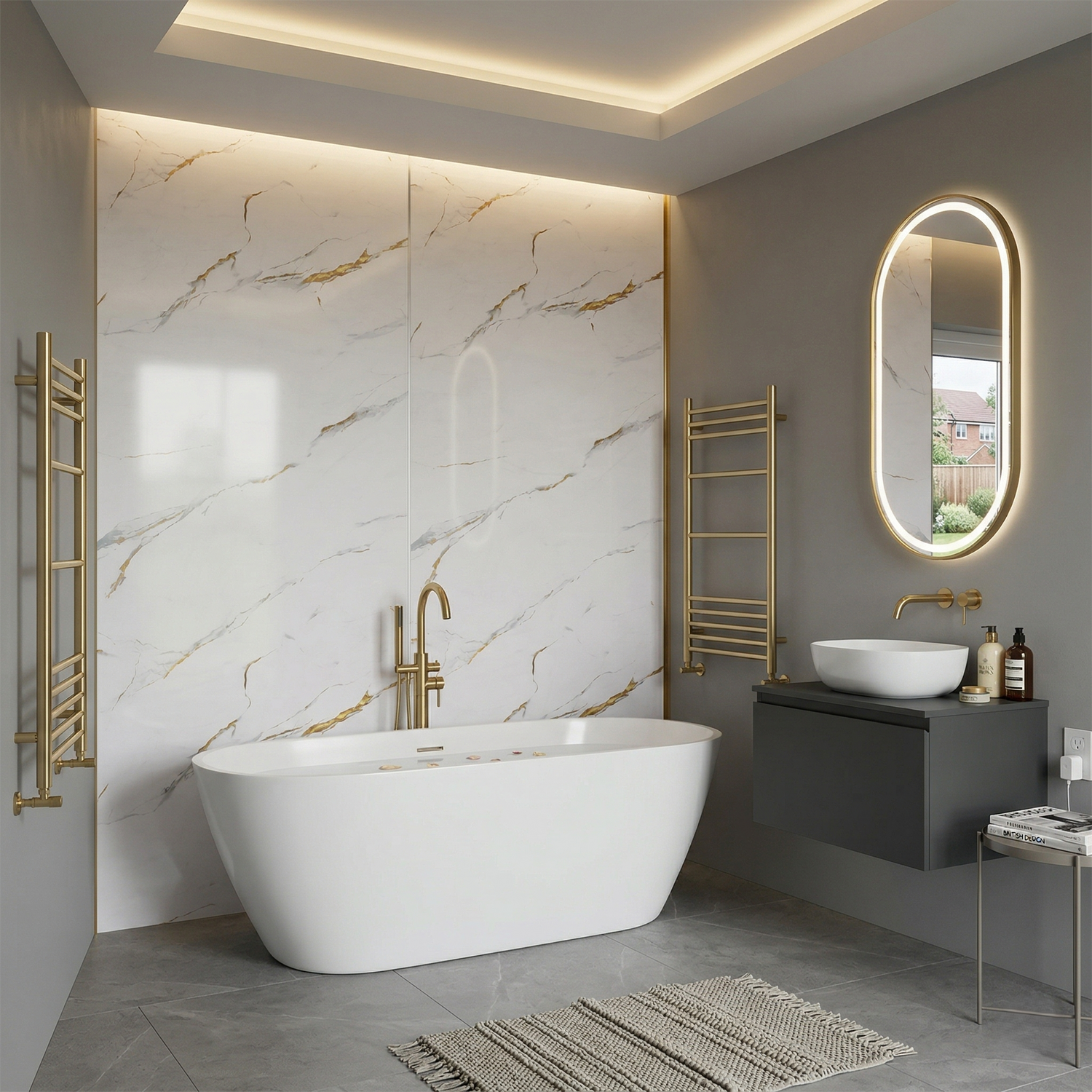 Budget shower enclosure makeover with Carrara marble gilded gold veins PVC panels