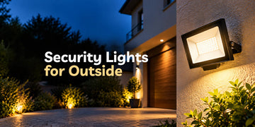 Security lights for outside illuminating a modern home entrance and driveway with a wall-mounted LED floodlight at dusk.