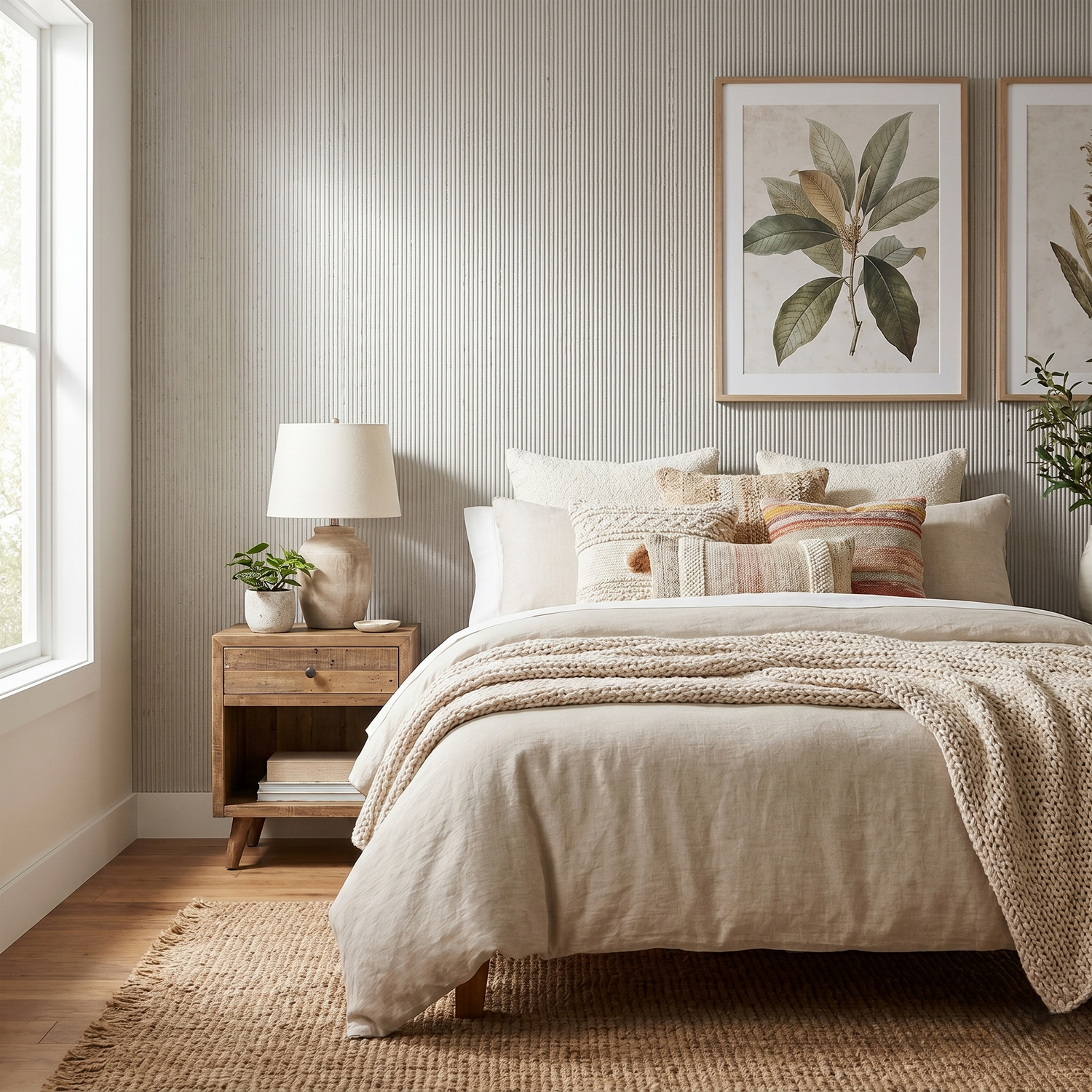 Soft cream vertical ripple PU wall panel bedroom