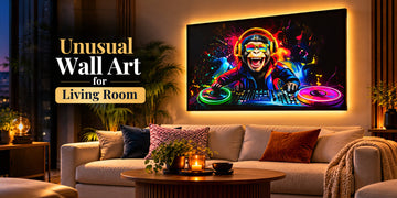 Unusual wall art for living room featuring an illuminated LED canvas above a sofa in a modern interior