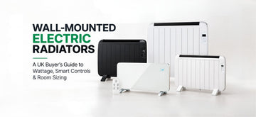 Wall-mounted electric radiators in white and black with smart temperature controls for UK homes.