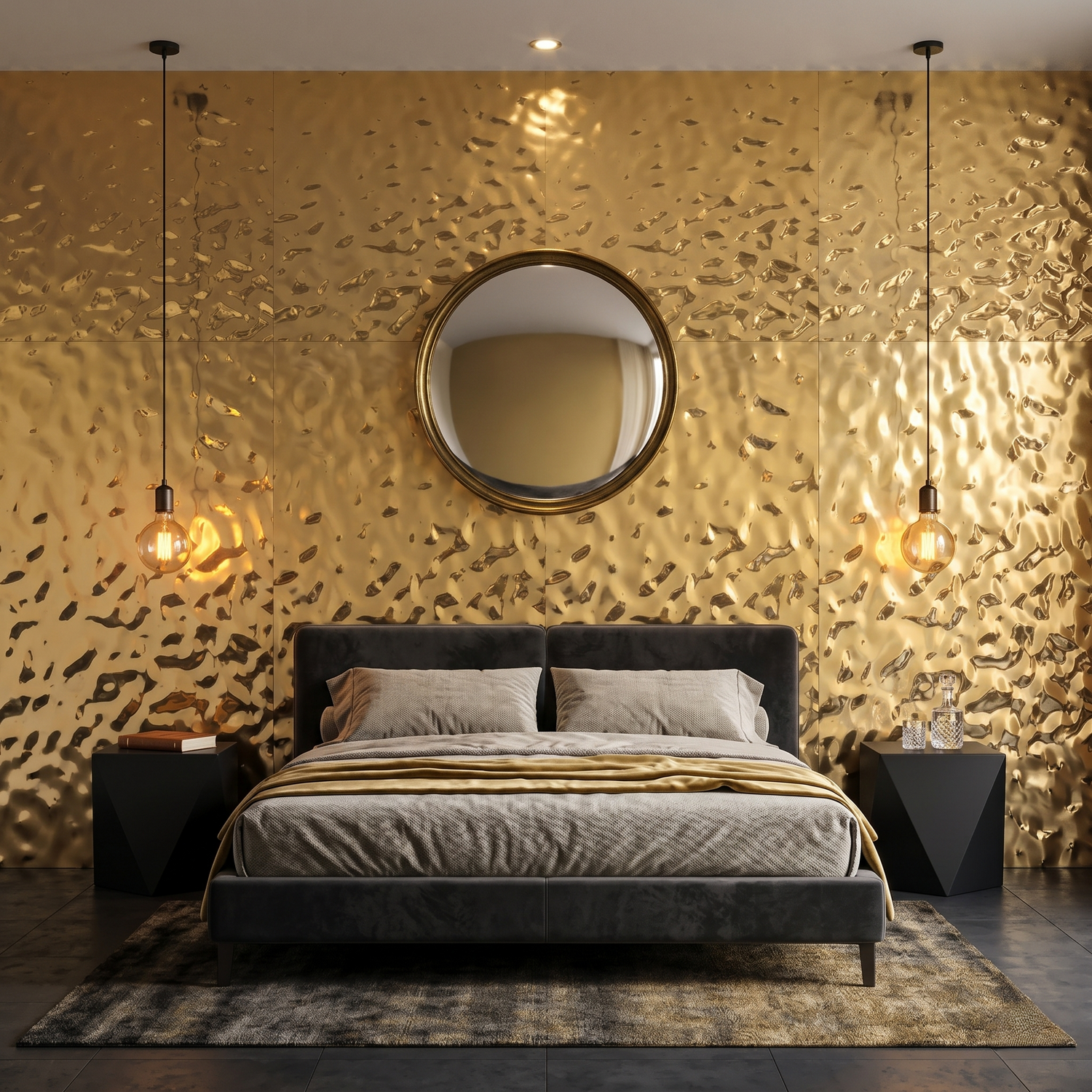 Gold metallic wave WPC feature wall in luxury bedroom