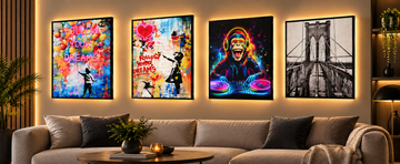 LED wall art illuminated canvas designs in a modern living room