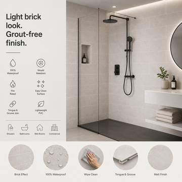 BRITWALL PVC Shower Panels Pack of 3 Light Grey Brick Waterproof Bathroom Wall Cladding 2400x1000x10mm Matt Finish