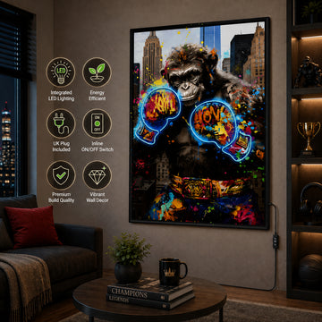 Britwall LED Wall Art Ape Boxing Illuminated Canvas 83x123cm with UK Plug & ON Off Switch