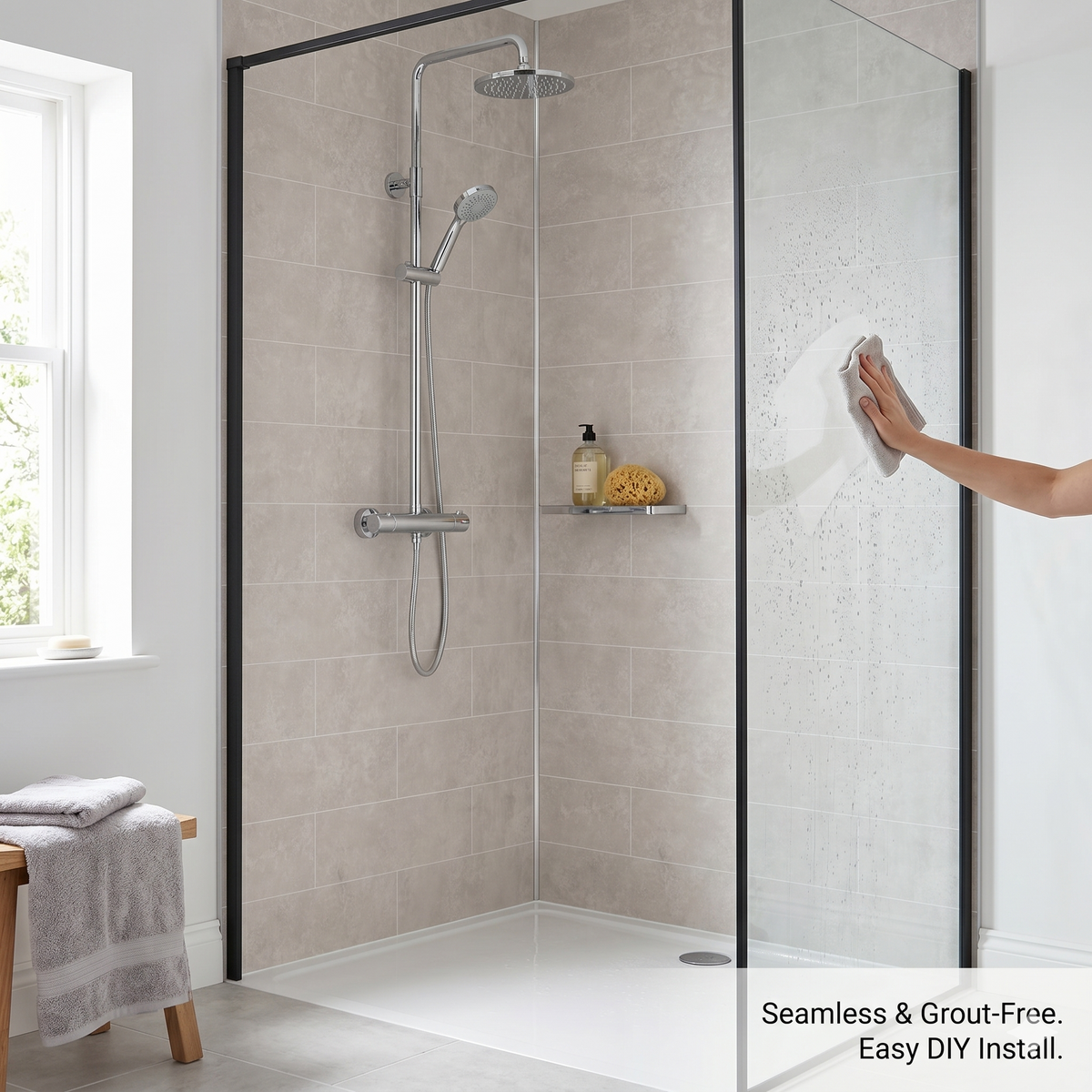 BRITWALL PVC Shower Panels Pack of 3 Light Grey Brick Waterproof Bathroom Wall Cladding 2400x1000x10mm Matt Finish