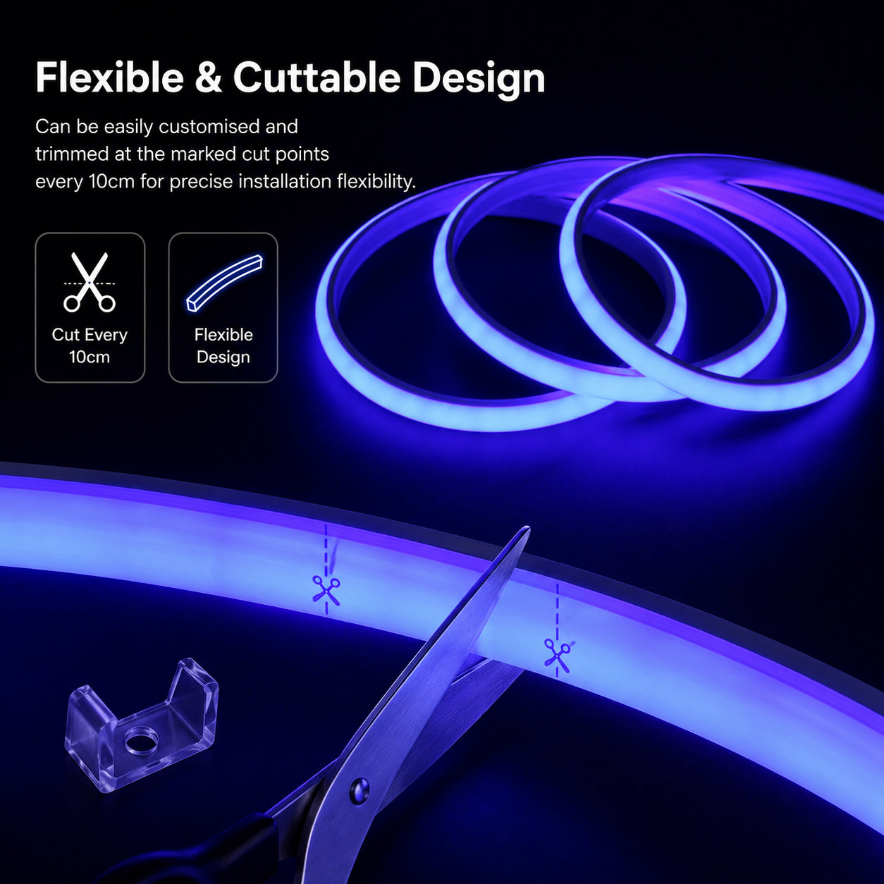 10M FCOB Neon Rope Light Kit, 10W/M, 800Lm/M, Blue with 1 power cord, 5 Holders and 2 end caps