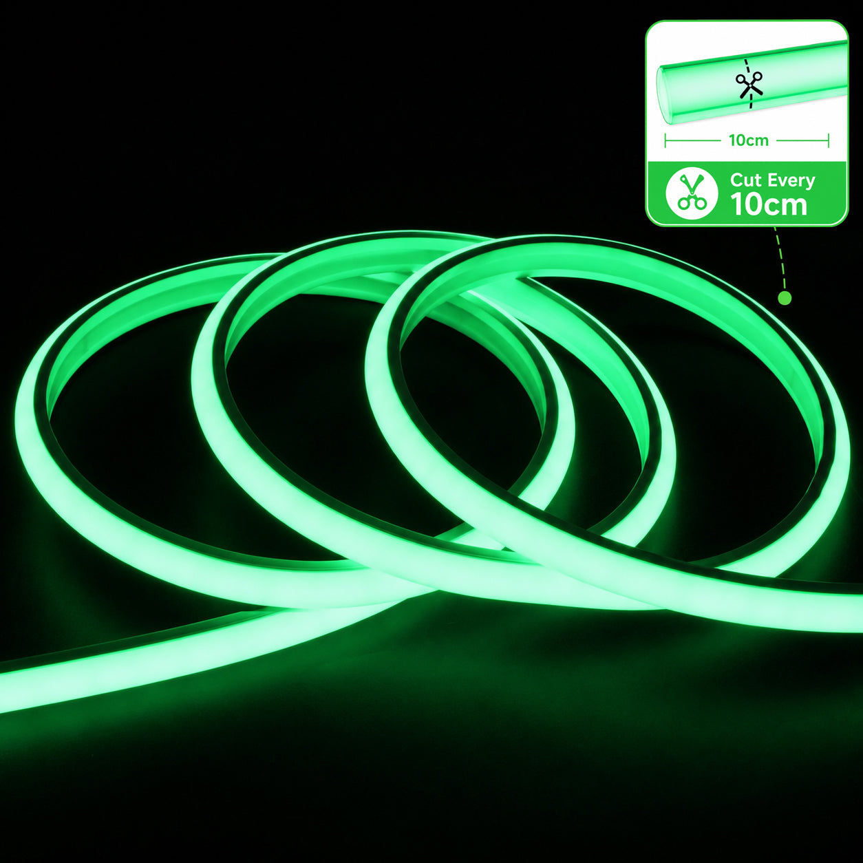 10M FCOB Neon Rope Light Kit, 10W/M, 800Lm/M, Green with 1 power cord, 5 Holders and 2 end caps