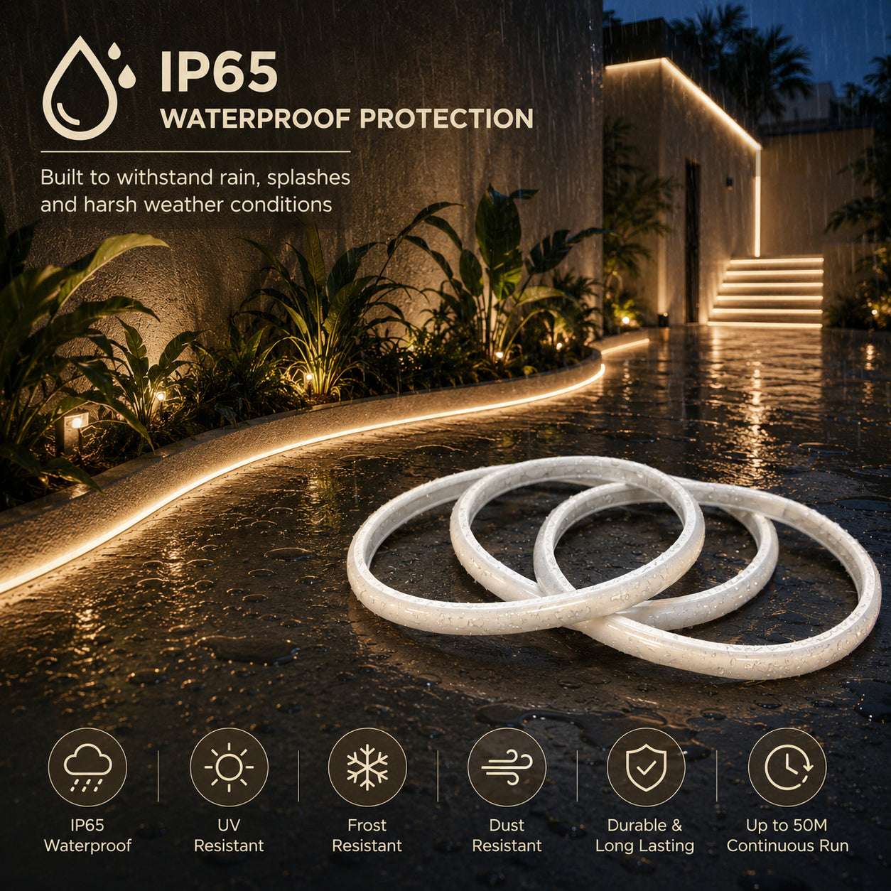 50M FCOB Neon Rope Light Kit, 10W/M, 800Lm/M, 4000K with 1 power cord, 25 Holders and 10 end caps