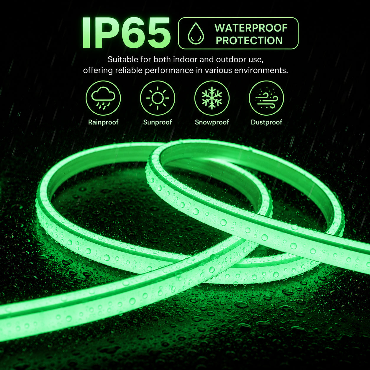 50M FCOB Neon Rope Light Kit, 10W/M, 800Lm/M, Green with 1 power cord, 25 Holders and 10 end caps