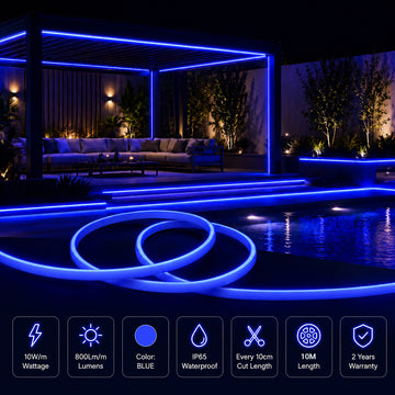 10M FCOB Neon Rope Light Kit, 10W/M, 800Lm/M, Blue with 1 power cord, 5 Holders and 2 end caps