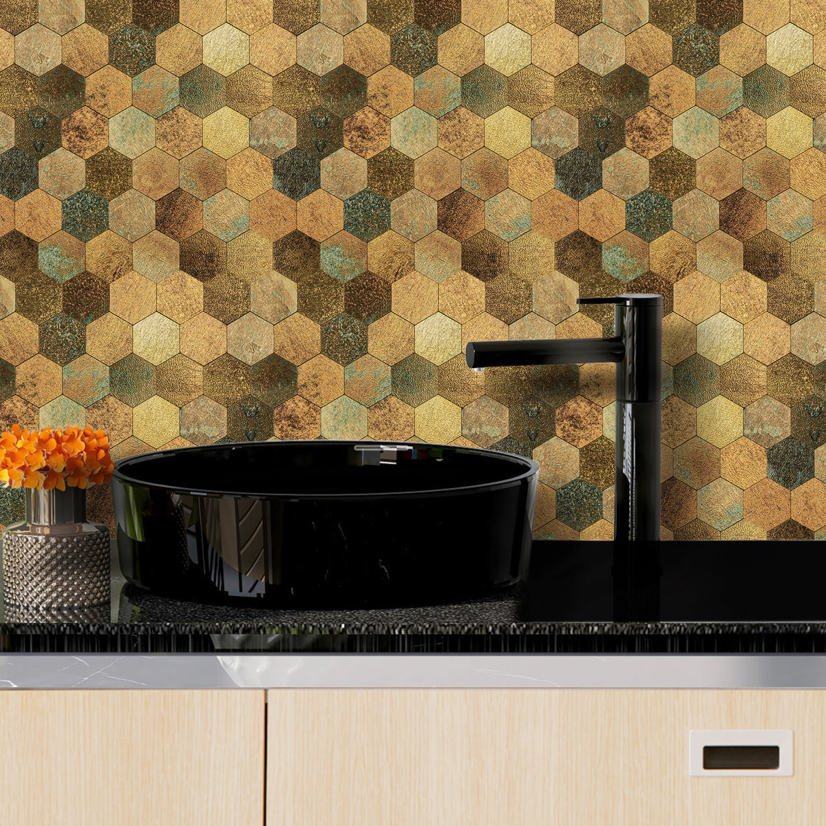Pack of 4 Hexagon Mixed Bronze Peel & Stick Aluminum Mosaic Tile Size: 290 × 288 × 3.5 mm