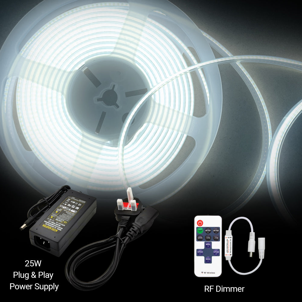 Ener-J COB LED Strip Light Kit 5m 24V 480 LEDs Per Metre 6500K Cool White Dimmable UK Plug