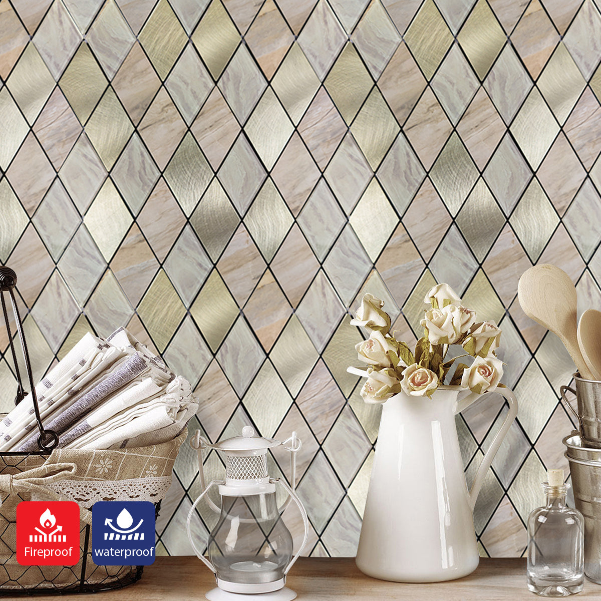 Pack of 4 Rose Gold Slate Diamond Pattern Peel & Stick Aluminum Tile Size:295 x 295 x 4.5 mm