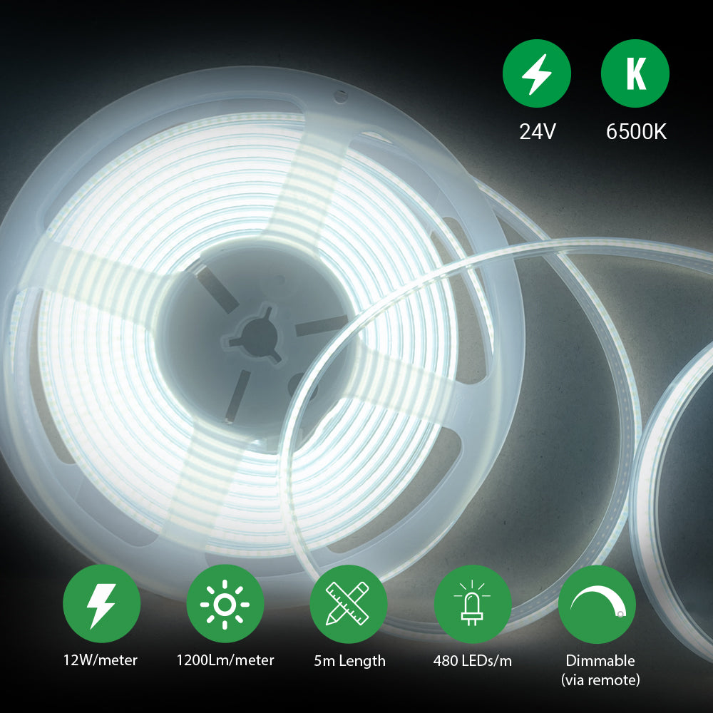 Ener-J COB LED Strip Light Kit 5m 24V 480 LEDs Per Metre 6500K Cool White Dimmable UK Plug