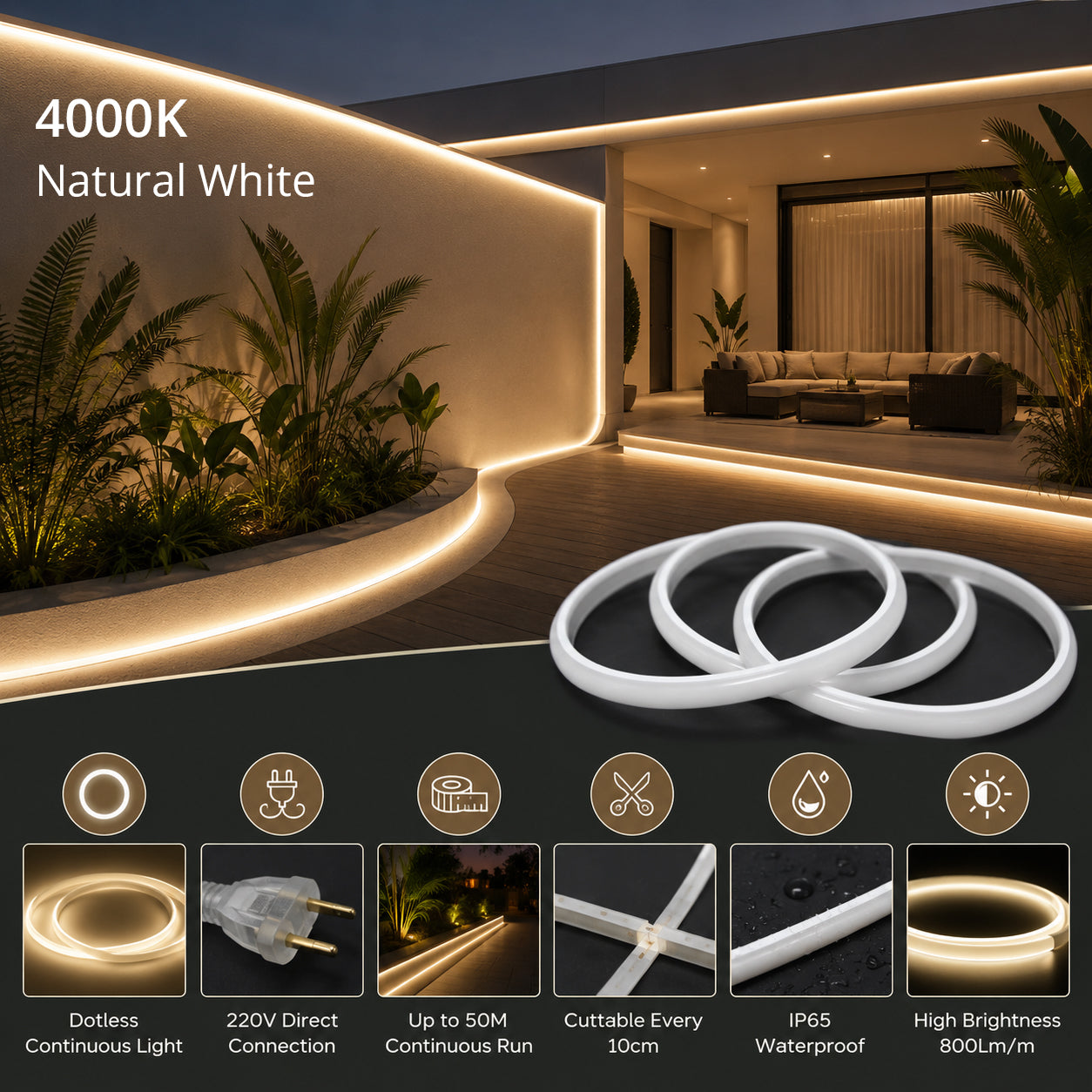 50M FCOB Neon Rope Light Kit, 10W/M, 800Lm/M, 4000K with 1 power cord, 25 Holders and 10 end caps