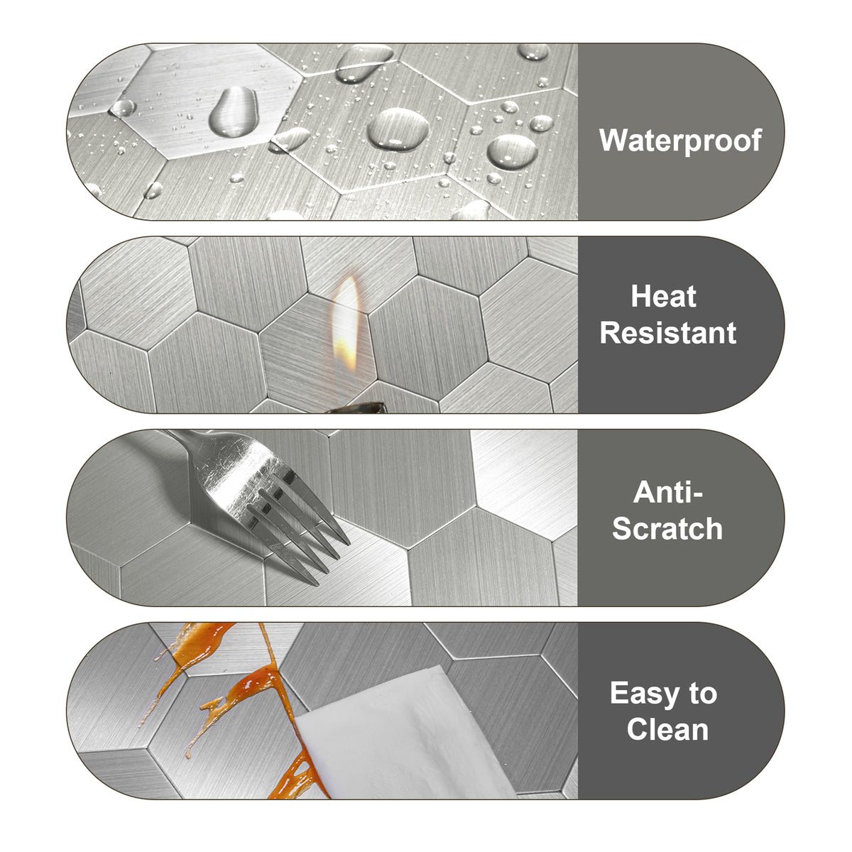 Pack of 4, Large HexaStyle Aluminum Peel & Stick Tile Size:290 x 288 x 4 mm