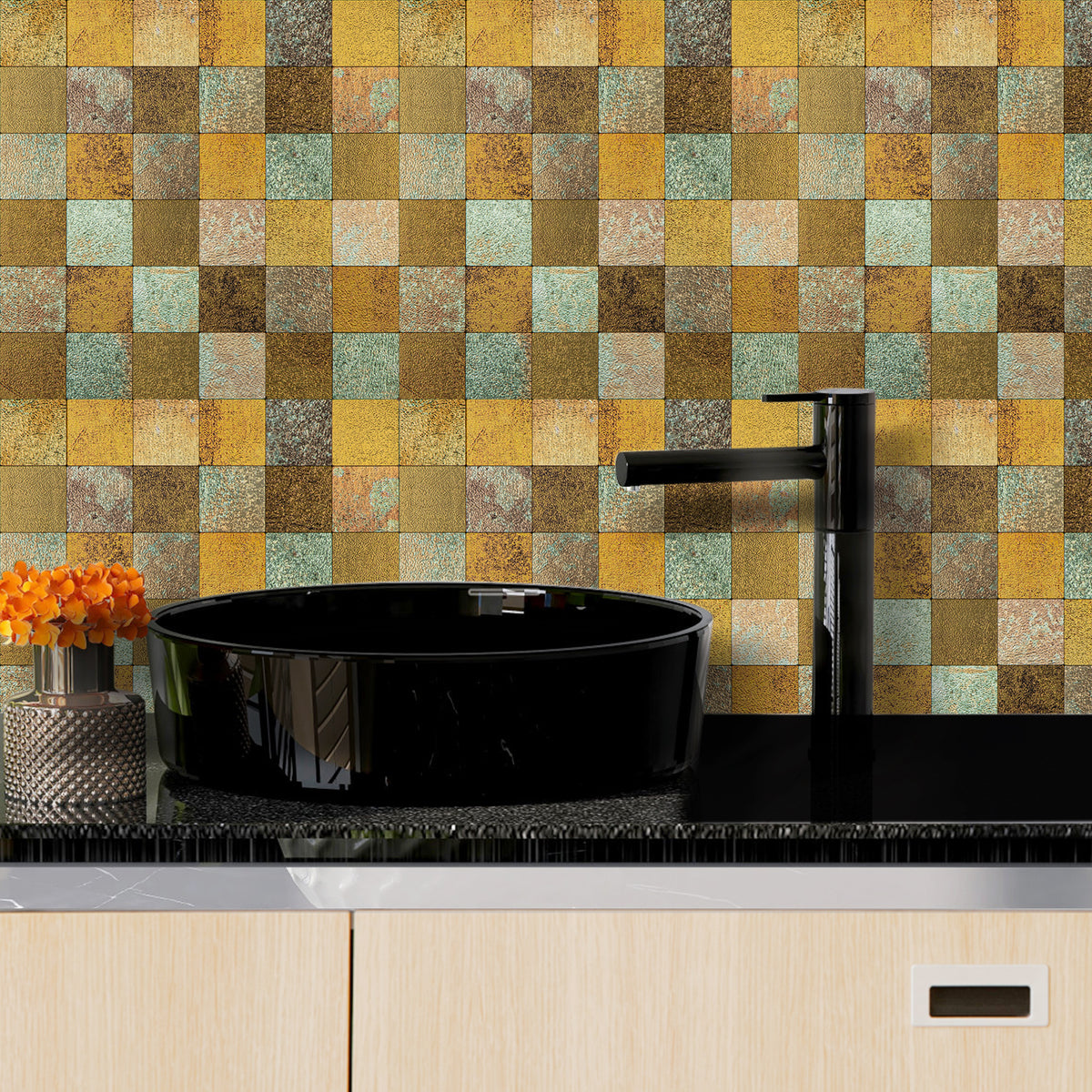 Pack of 4 Square Multi-Shade Bronze Peel & Stick Aluminum Mosaic Tile Size: 305 × 305 × 3.5 mm