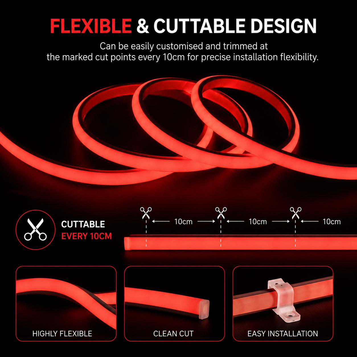 10M FCOB Neon Rope Light Kit, 10W/M, 800Lm/M, Red with 1 power cord, 5 Holders and 2 end caps