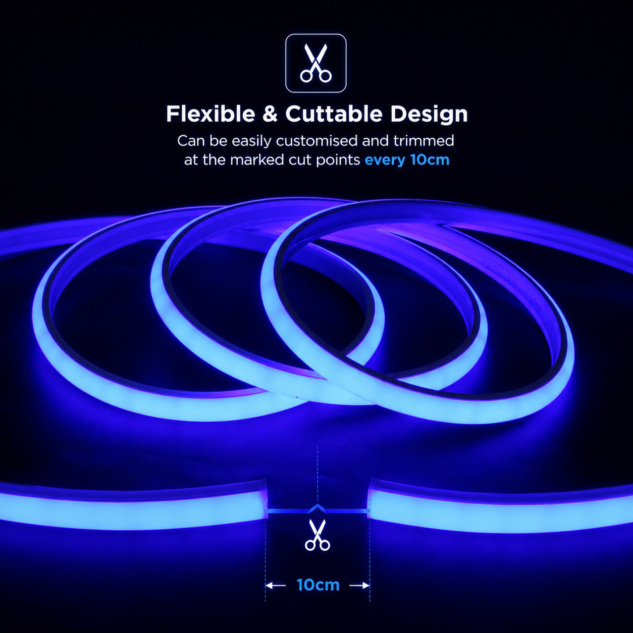 50M FCOB Neon Rope Light Kit, 10W/M, 800Lm/M, Blue with 1 power cord, 25 Holders and 10 end caps