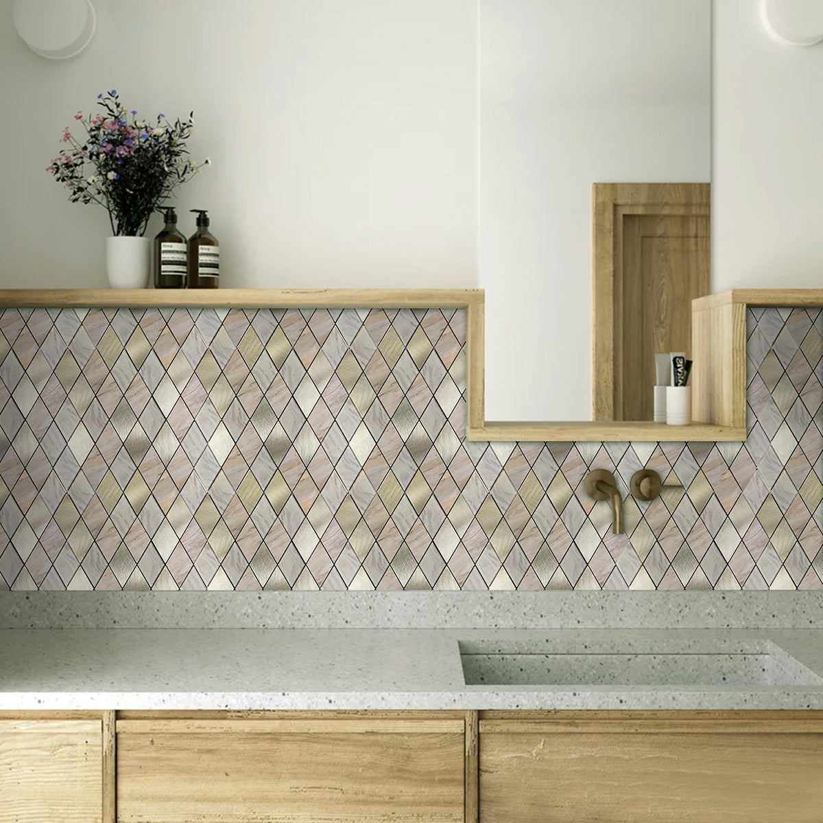 Pack of 4 Rose Gold Slate Diamond Pattern Peel & Stick Aluminum Tile Size:295 x 295 x 4.5 mm