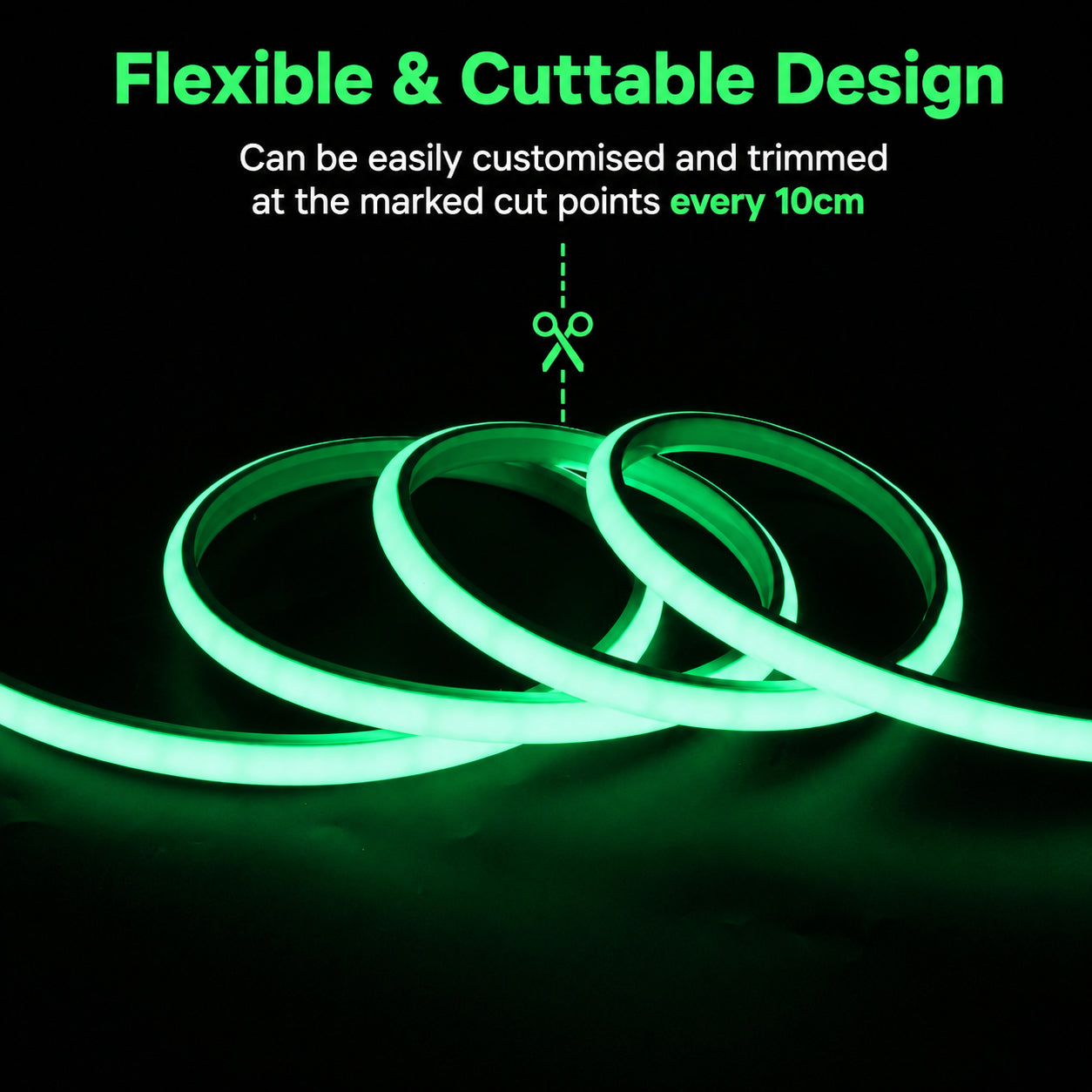 50M FCOB Neon Rope Light Kit, 10W/M, 800Lm/M, Green with 1 power cord, 25 Holders and 10 end caps