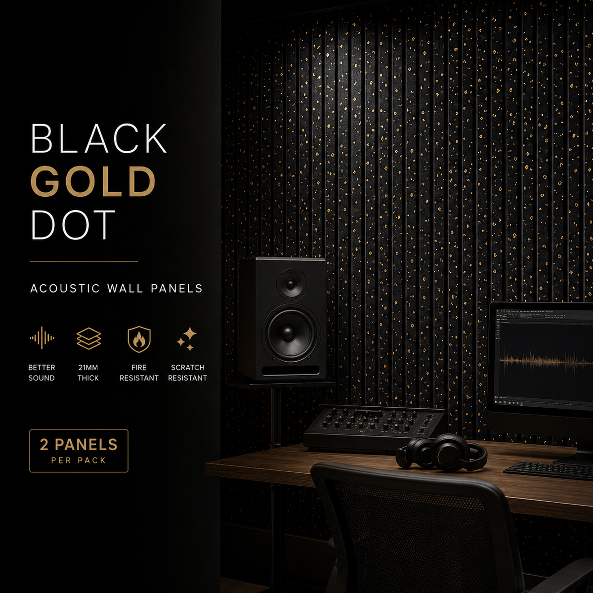BRITWALL Linear Acoustic Wall Panel – Black Gold Dot Design – 2400 × 600 × 21mm Pack of 2