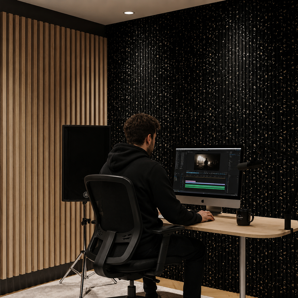 BRITWALL Linear Acoustic Wall Panel – Black Gold Dot Design – 2400 × 600 × 21mm Pack of 2