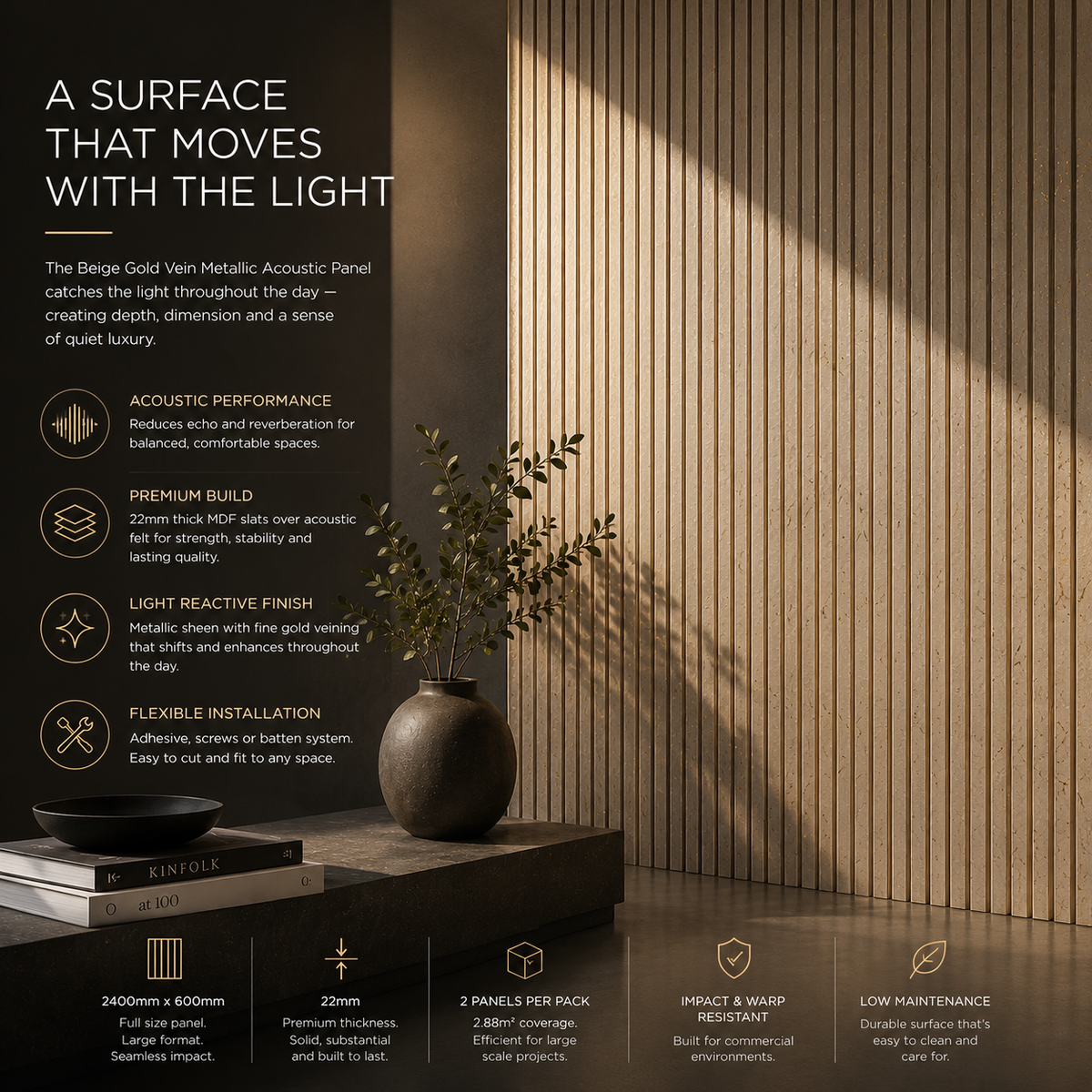BRITWALL Linear Acoustic Wall Panel – Black Gold Vein Design – 2400 × 600 × 21mm Pack of 2