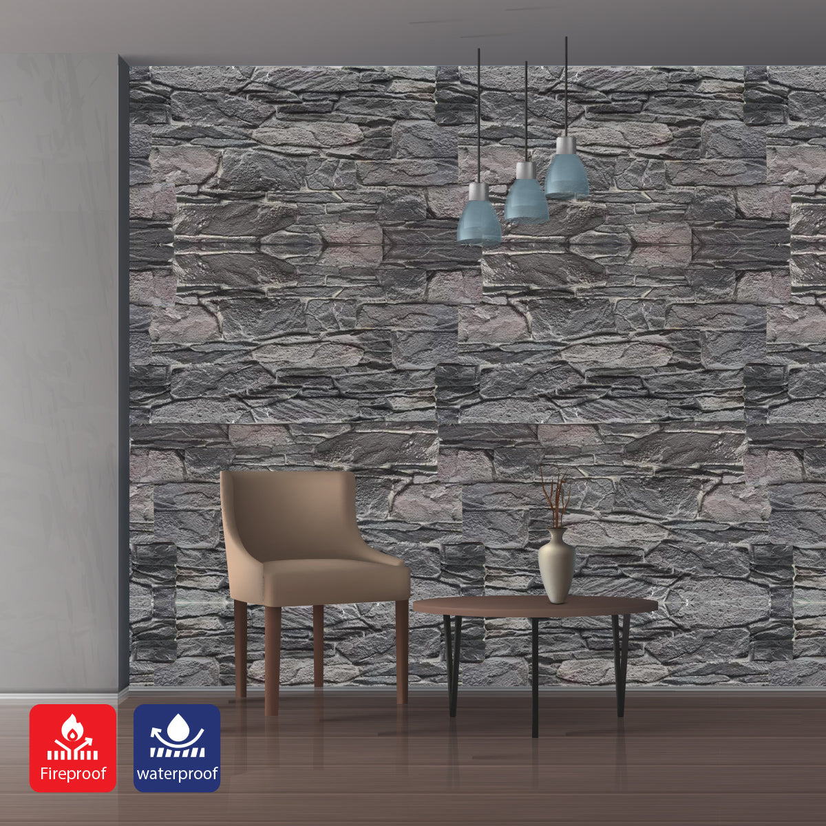 Rustic Stacked Slate PU Wall Panel – Charcoal Finish Size:1200 x 600 x 60 mm Pack of 2
