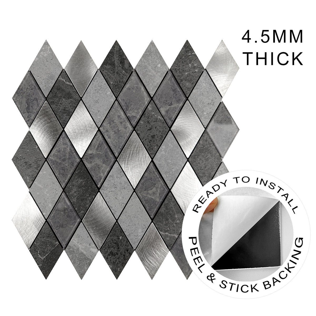 Pack of 4 Silver Slate Diamond Pattern Peel & Stick Aluminum Tile Size:295 x 295 x 4.5 mm