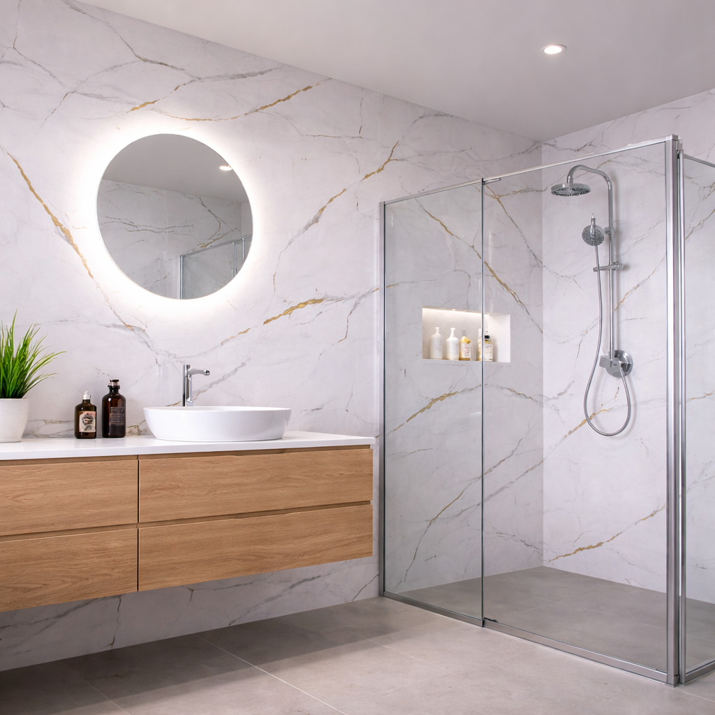 BRITWALL PVC Shower Panels Pack of 3 Carrara Marble Gold Vein Waterproof Bathroom Wall Cladding 2400x1000mm Matt Finish
