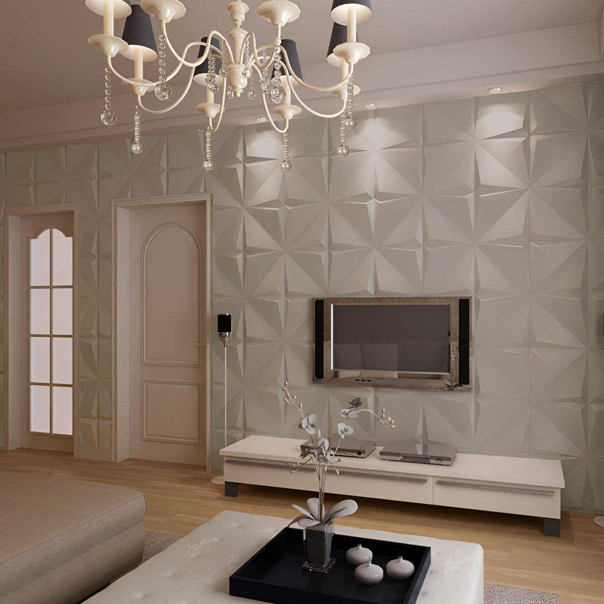 Pack of 4, Artistic 3D Geometric Relief PU Leather Wall Panels – Cream | 600 x 600 mm | 20mm Thickness | Elegant & Soundproof