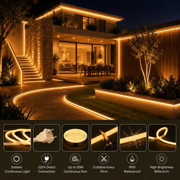 50M FCOB Neon Rope Light Kit, 10W/M, 800Lm/M, 3000K with 1 power cord, 25 Holders and 10 end caps