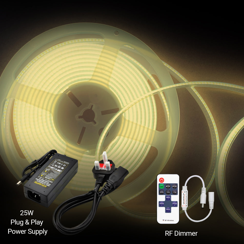 Ener-J COB LED Strip Light Kit 5m 24V 3000K 480 LEDs Per Metre Dimmable UK Plug