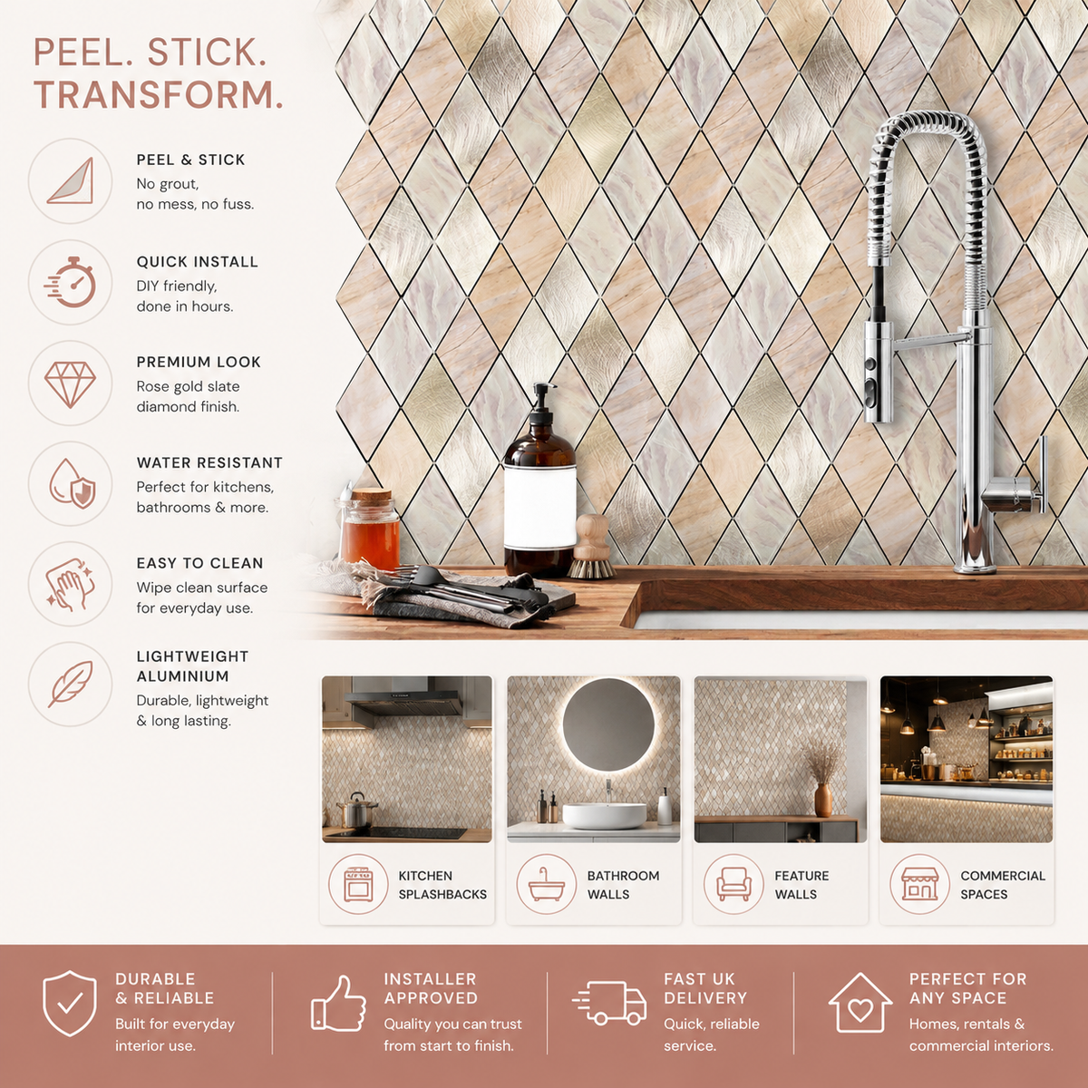 Pack of 4 Rose Gold Slate Diamond Pattern Peel & Stick Aluminum Tile Size:295 x 295 x 4.5 mm