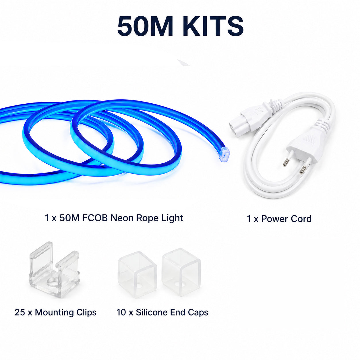 50M FCOB Neon Rope Light Kit, 10W/M, 800Lm/M, Blue with 1 power cord, 25 Holders and 10 end caps