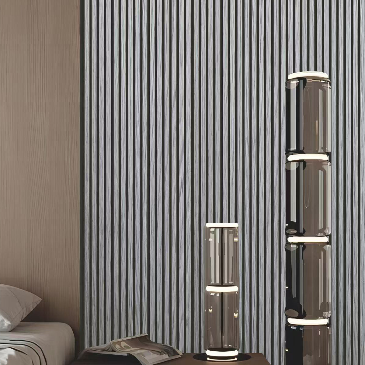 Linear Acoustic Wall Panel -  PET + MDF, Light Gray Wood Grain Size: 2400*600*21mm Pack of 2