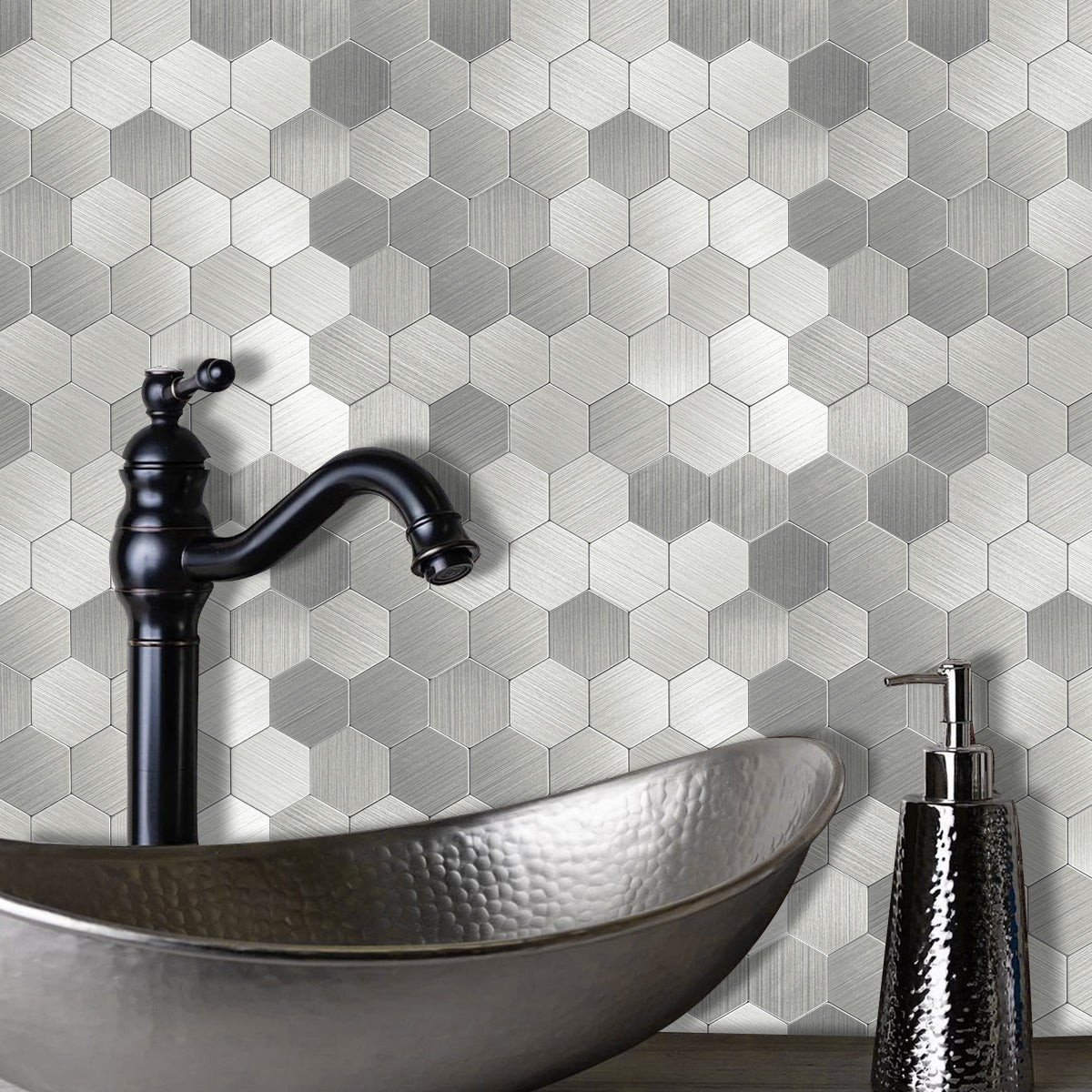 Pack of 4, Large HexaStyle Aluminum Peel & Stick Tile Size:290 x 288 x 4 mm