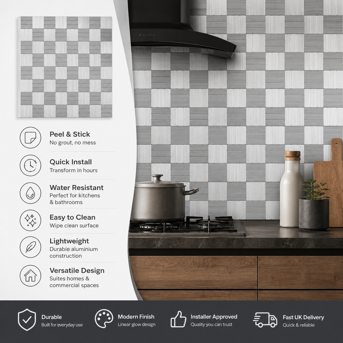 Pack of 4 Linear Glow Peel & Stick Aluminum Tile Size:300 x 300 x 4 mm