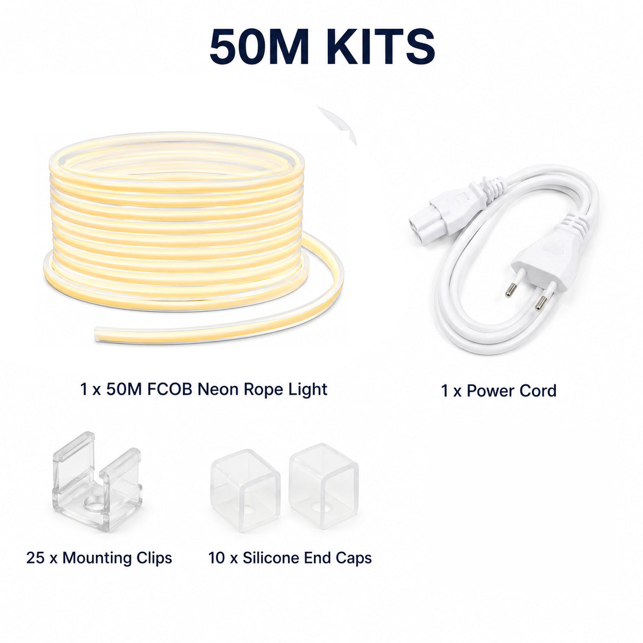 50M FCOB Neon Rope Light Kit, 10W/M, 800Lm/M, 3000K with 1 power cord, 25 Holders and 10 end caps